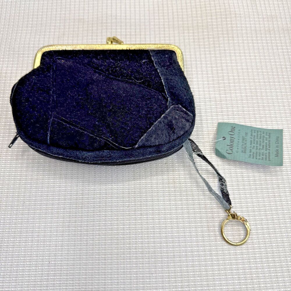 Vintage Colony One Suede Change Purse Kiss Lock Zipper Bottom with Keychain NOS